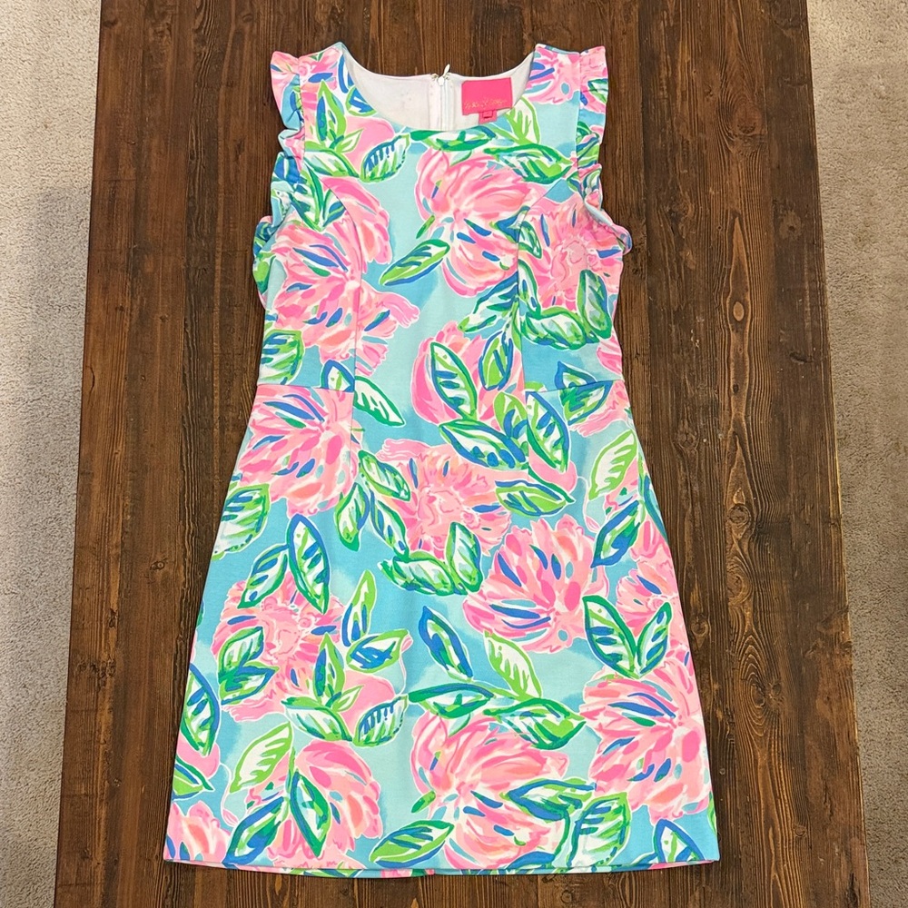 Lilly Pulitzer Pastel Aqua Pink Green Floral Ruffle Mini Dress